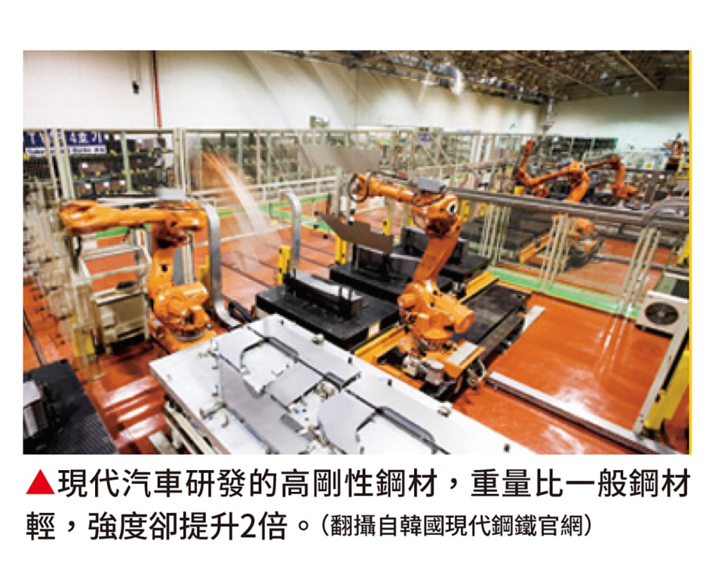 現代汽車研發的高剛性鋼材,重量比一般鋼材輕,強度卻提升2倍。(翻攝自韓國現代鋼鐵官網) 現代汽車研發的高剛性鋼材,重量比一般鋼材輕,強度卻提升2倍。(翻攝自韓國現代鋼鐵官網)