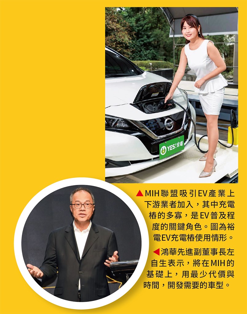 MIH聯盟吸引EV產業上下游業者加入,其中充電樁的多寡,是EV普及程度的關鍵角色。圖為裕電EV充電樁使用情形。鴻華先進副董事長左自生表示,將在MIH的基礎上,用最少代價與時間,開發需要的車型。 MIH聯盟吸引EV產業上下游業者加入,其中充電樁的多寡,是EV普及程度的關鍵角色。圖為裕電EV充電樁使用情形。鴻華先進副董事長左自生表示,將在MIH的基礎上,用最少代價與時間,開發需要的車型。