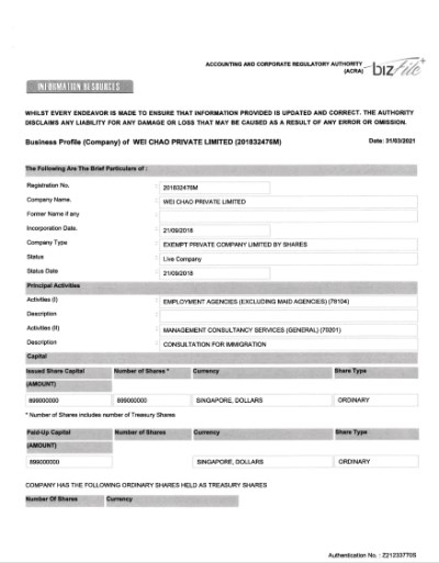 從律師提供的資料顯示,透過新加坡會計與企業管理局(ACRA)資料可證明,魏朝公司在新加坡資本額近9億新幣(約187億台幣),資本額龐大。 從律師提供的資料顯示,透過新加坡會計與企業管理局(ACRA)資料可證明,魏朝公司在新加坡資本額近9億新幣(約187億台幣),資本額龐大。