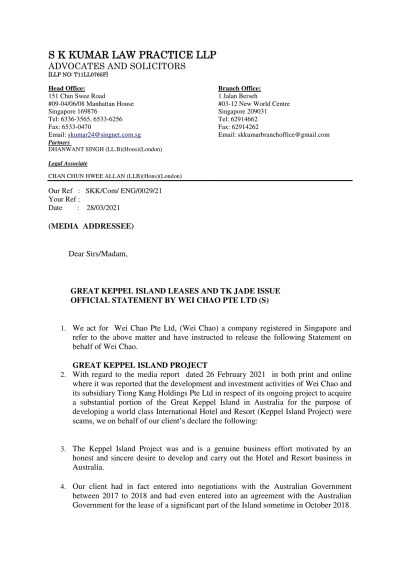 魏朝公司跨海提出聲明,表示遭台灣司法單位調查感到意外。 魏朝公司跨海提出聲明,表示遭台灣司法單位調查感到意外。