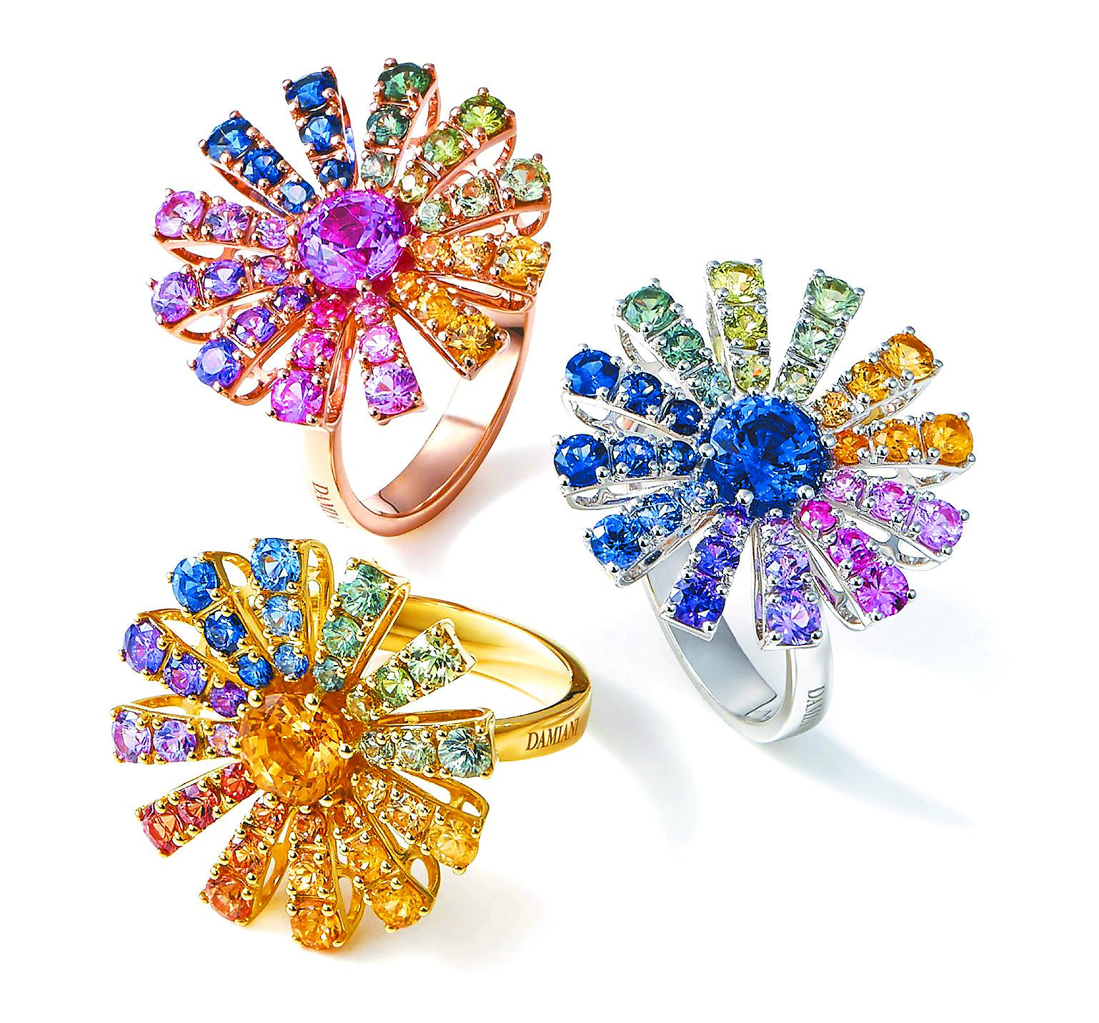 DAMIANI瑪格麗特Margherita系列彩虹寶石戒指，每款依寶石不同，22萬8400元起。（DAMIANI提供）