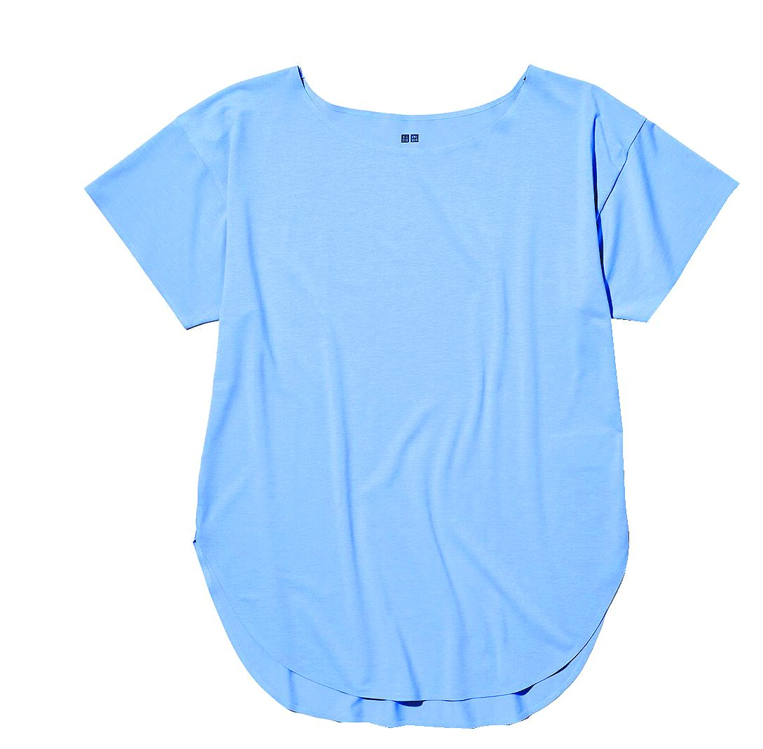 UNIQLO女裝AIRism無縫船型領長版T恤短袖款，590元。（UNIQLO提供）