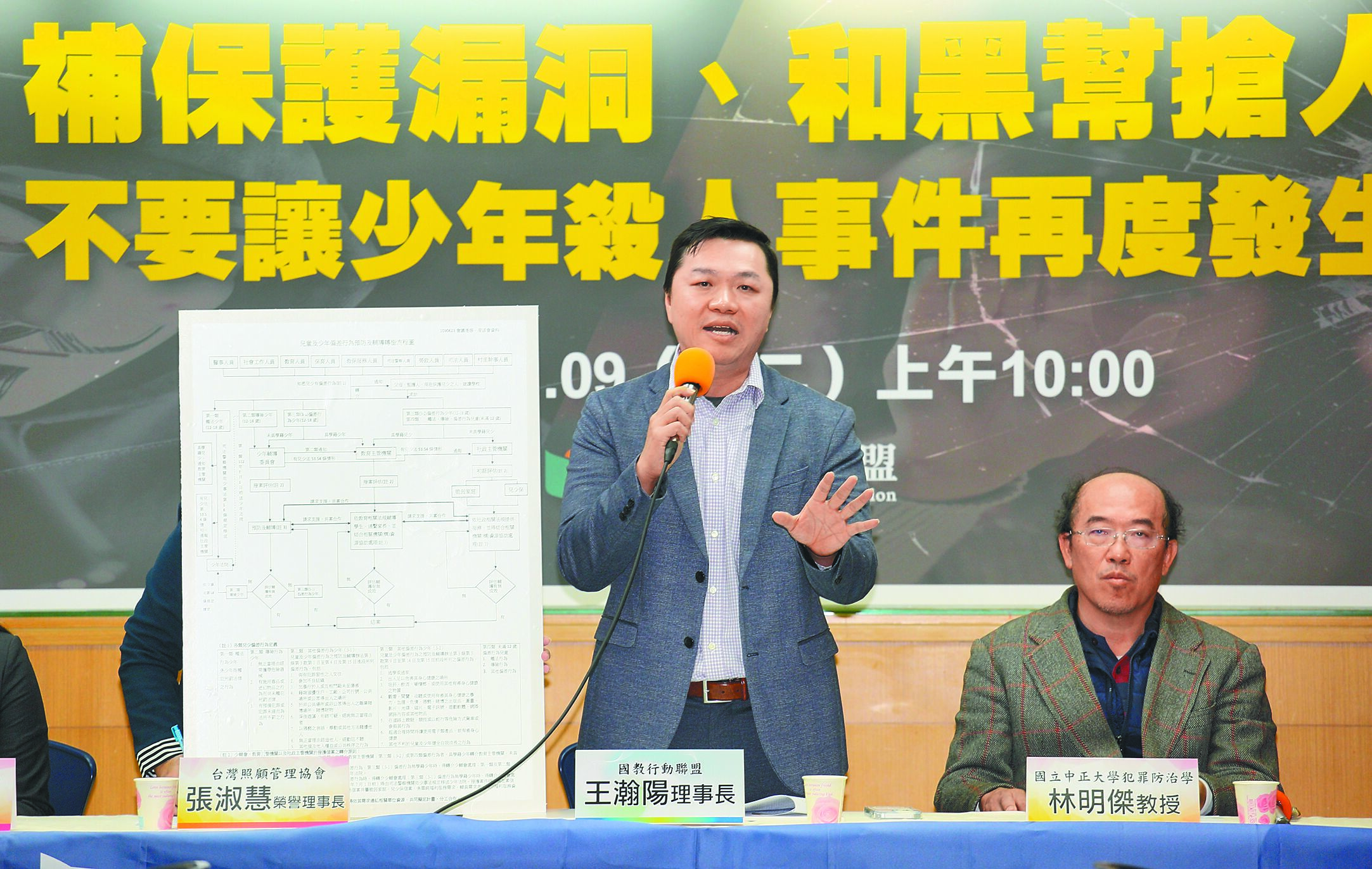 國教行動聯盟9日開記者會,理事長王瀚陽(中)表示,對於少年觸法,《少年事件處理法》規定「行政輔導先行,以司法為後盾」。但實際狀況是,行政輔導先行後,司法卻未即時介入而產生漏洞,很多人擔心未來會再發生類似新北少年殺人事件。(張鎧乙攝) image