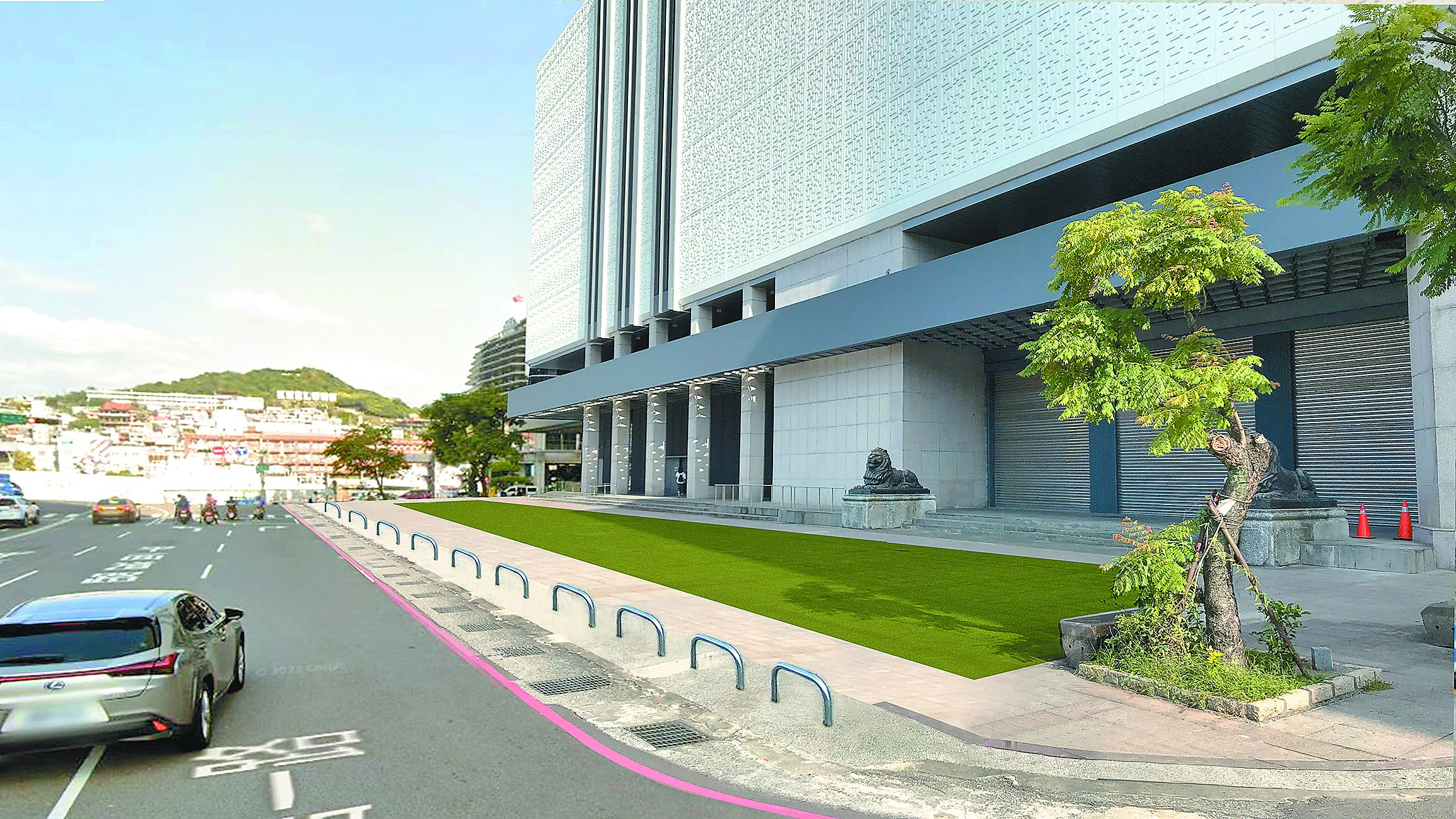 基隆市政府在文化中心前廣場鋪設人工草皮的工程,預期可以美化廣場,也成為新的遊憩空間,但有民眾提出質疑安全問題。基市府都發處澄清,原本的車阻不會撤除,未來也會重新設計、美化,確保民眾安全。圖為完工模擬圖。(基隆市政府提供/徐佑昇基隆傳真) image