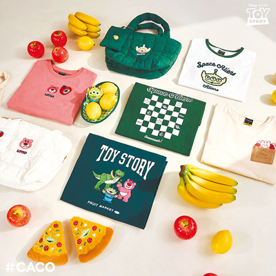 服飾品牌CACO於7月1日起新推「皮克斯水果系列」(見圖),將皮克斯動畫人物與水果組合,同時順應夏日加入品牌熱銷的涼感系列。(CACO提供) image