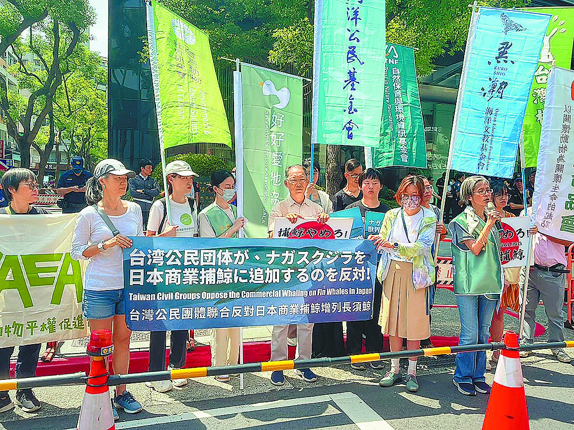 多個民間團體7月1日到日本台灣交流協會前拉起布條,反對日本將長鬚鯨納入商業捕鯨名單。(蔡佩珈攝) image