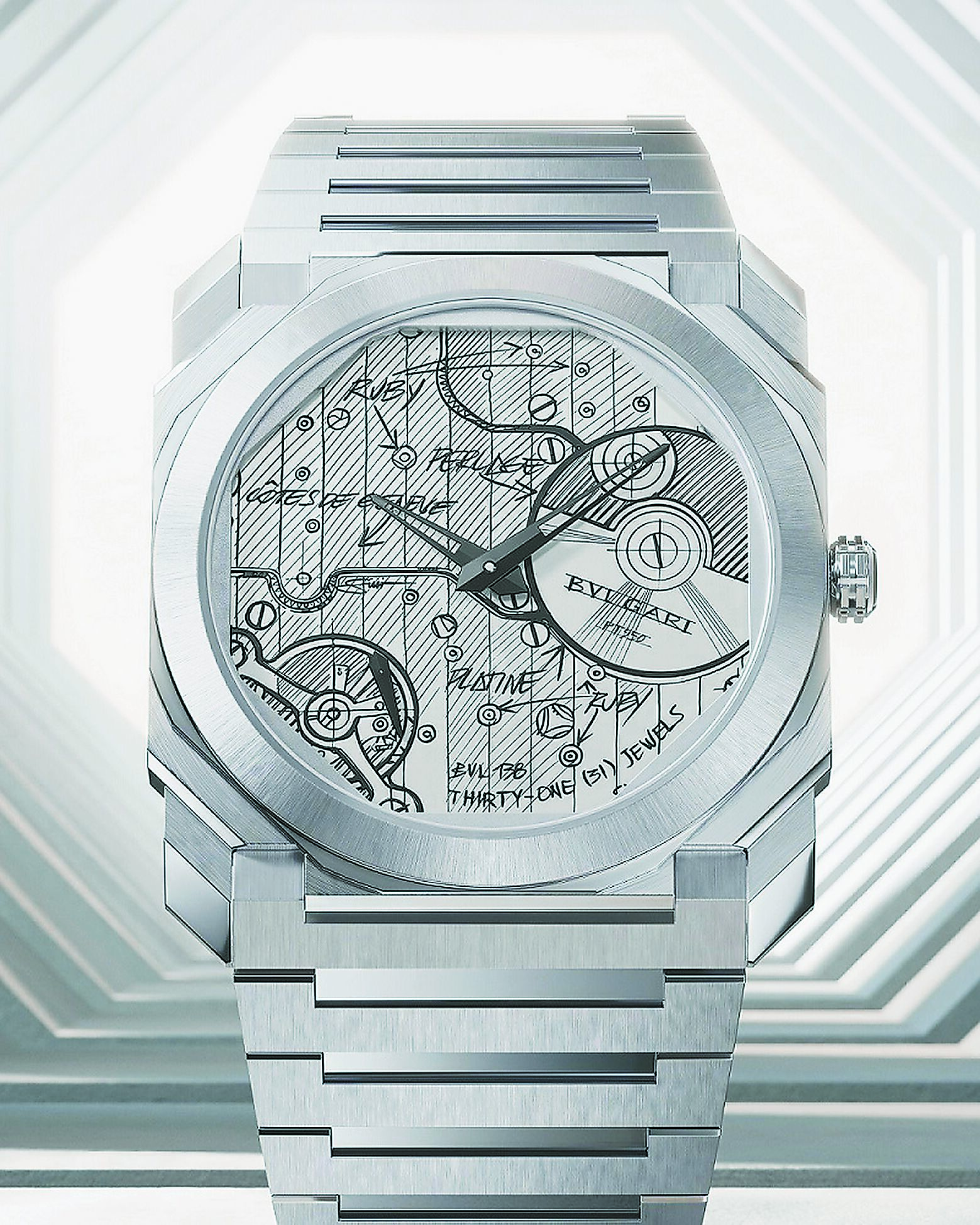 寶格麗Octo Finissimo限量設計圖素描腕表將設計總監Fabrizio Stigliani Buonamassa的機芯手繪稿繪在表盤上,限量280只。(BVLGARI提供) 寶格麗Octo Finissimo限量設計圖素描腕表將設計總監Fabrizio Stigliani Buonamassa的機芯手繪稿繪在表盤上,限量280只。(BVLGARI提供)