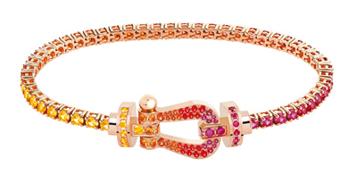 FRED「Force 10」系列手鍊,Ideal Light鍊釦,玫瑰金鋪鑲彩色寶石。(FRED提供) FRED「Force 10」系列手鍊,Ideal Light鍊釦,玫瑰金鋪鑲彩色寶石。(FRED提供)