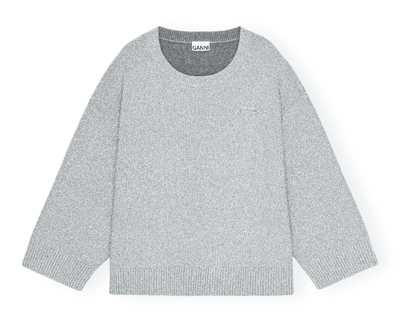 GANNI金蔥針織落肩上衣,銀色,1萬4800元。(惇聚提供) GANNI金蔥針織落肩上衣,銀色,1萬4800元。(惇聚提供)