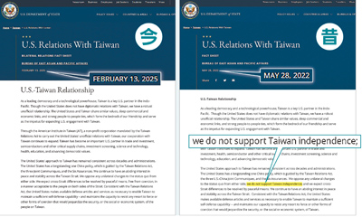 美國國務院官網網頁更新(左圖),刪除We do not support Taiwan independence(不支持台獨)等文字。右圖為官網先前網頁。(摘自美國國務院官網) image