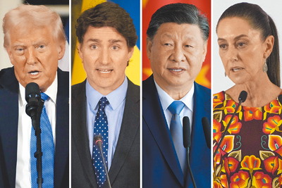 川普大打關稅戰,中、加、墨也以牙還牙。左起為美國總統川普、加拿大總理杜魯道、大陸國家主席習近平、墨西哥總統薛恩鮑姆。(美聯社) image