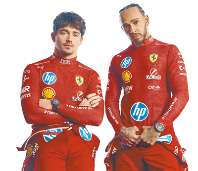 Lewis Hamilton(右)與Charles Leclerc帥氣佩戴Richard Mille新款聯名表,腕表價值約5千萬元。(Richard Mille提供) image