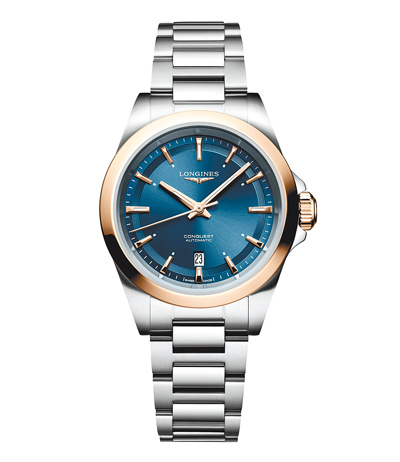浪琴表CONQUEST征服者腕表,精鋼玫瑰金雙金藍面款,10萬2100元。(Longines提供) 浪琴表CONQUEST征服者腕表,精鋼玫瑰金雙金藍面款,10萬2100元。(Longines提供)