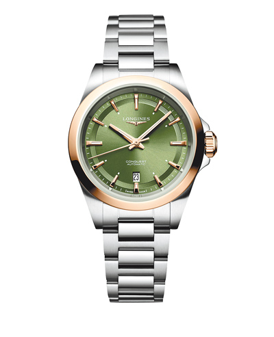浪琴表CONQUEST征服者腕表,精鋼玫瑰金雙金綠面款,10萬2100元。(Longines提供) 浪琴表CONQUEST征服者腕表,精鋼玫瑰金雙金綠面款,10萬2100元。(Longines提供)