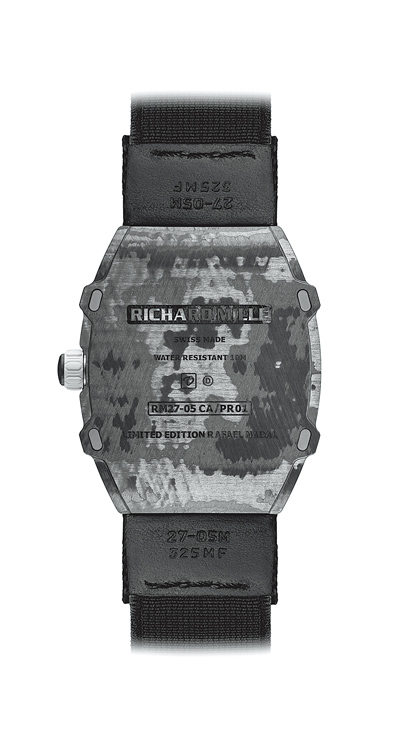 Richard Mille RM 27-05 RAFAEL NADAL飛行陀飛輪腕表,表背有限量編號。(Richard Mille提供) Richard Mille RM 27-05 RAFAEL NADAL飛行陀飛輪腕表,表背有限量編號。(Richard Mille提供)