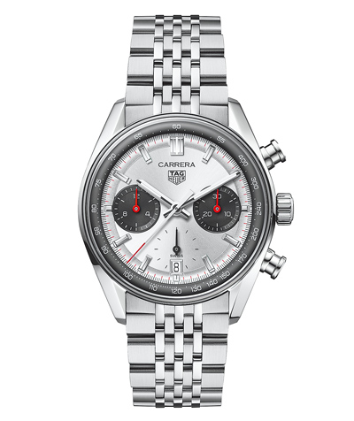 泰格豪雅Carrera計時腕表銀面七珠鍊帶款,23萬5000元。(TAG Heuer提供) 泰格豪雅Carrera計時腕表銀面七珠鍊帶款,23萬5000元。(TAG Heuer提供)