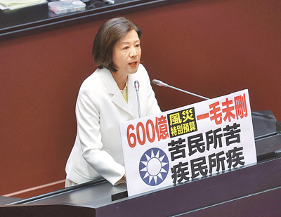 立法院29日院會三讀通過「中央政府丹娜絲颱風及七二八豪雨災後復原重建特別預算案」,立委王育敏指出,600億風災特別預算,國民黨一毛未刪。(姚志平攝) image