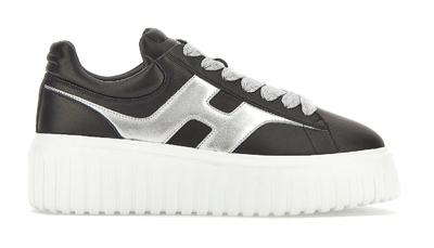 HOGAN H-Stripes黑色拼接銀色logo皮革女士休閒鞋,台灣限定色,2萬3300元。(HOGAN提供) HOGAN H-Stripes黑色拼接銀色logo皮革女士休閒鞋,台灣限定色,2萬3300元。(HOGAN提供)