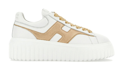 HOGAN H-Stripes白色拼接香檳金色logo皮革女士休閒鞋,台灣限定色,2萬3300元。(HOGAN提供) HOGAN H-Stripes白色拼接香檳金色logo皮革女士休閒鞋,台灣限定色,2萬3300元。(HOGAN提供)