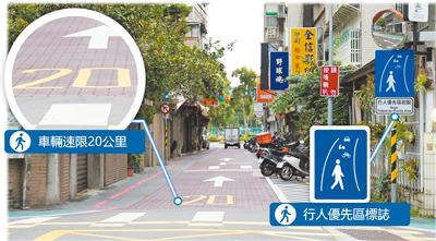 台北市「行人優先區」路口處的鋪面顏色非屬標線,用意是提醒用路人注意,進入特殊地方,入口處皆會設置標誌牌面說明限速規定。(台北市交通局提供/張珈瑄台北傳真) 台北市「行人優先區」路口處的鋪面顏色非屬標線,用意是提醒用路人注意,進入特殊地方,入口處皆會設置標誌牌面說明限速規定。(台北市交通局提供/張珈瑄台北傳真)