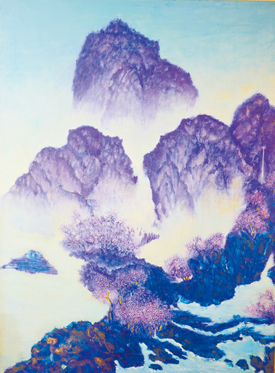 林月嬌具水墨山水風的油畫作品《人間清歡》。(林月嬌提供) 林月嬌具水墨山水風的油畫作品《人間清歡》。(林月嬌提供)