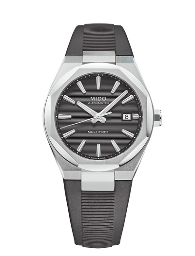 MIDO最新款Multifort 8 One Crown單表冠腕表,黑面橡膠表帶款,2萬7000元。(MIDO提供) MIDO最新款Multifort 8 One Crown單表冠腕表,黑面橡膠表帶款,2萬7000元。(MIDO提供)