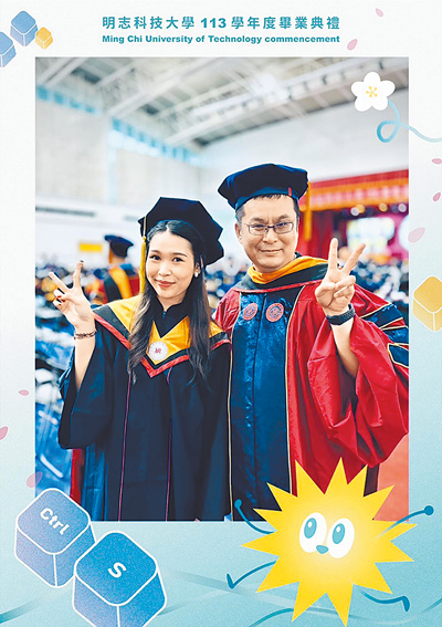 方國強設計明志科技大學的博士袍(右)和碩士袍,融入高訂特色。(Khieng ATELIER提供) 方國強設計明志科技大學的博士袍(右)和碩士袍,融入高訂特色。(Khieng ATELIER提供)