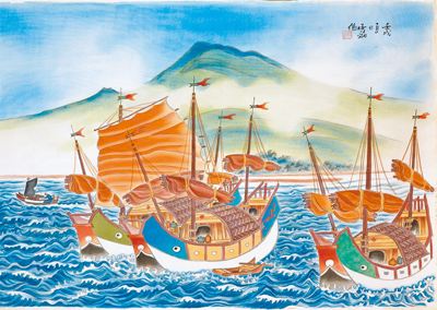 《淡江泊舟》。郭雪湖繪。(郭珠美提供) 《淡江泊舟》。郭雪湖繪。(郭珠美提供)