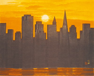 《微霞滿天 舊金山夕陽》。郭雪湖繪。(郭珠美提供) 《微霞滿天 舊金山夕陽》。郭雪湖繪。(郭珠美提供)