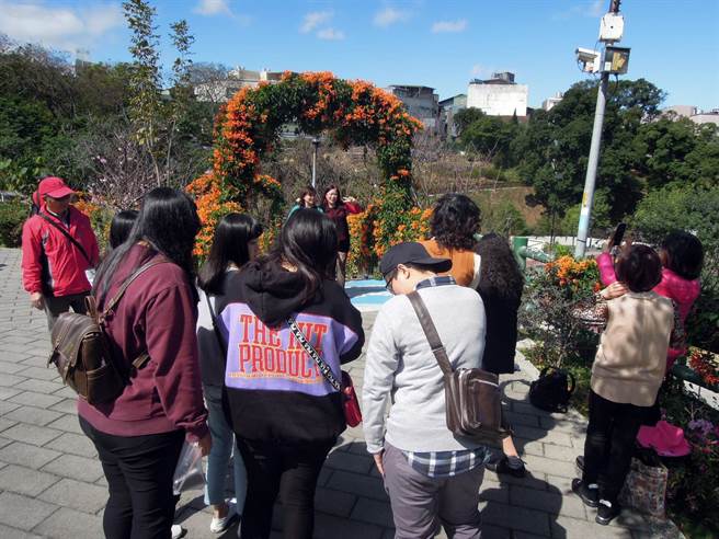 民眾在永吉公園炮仗花門前拍照。(陳俊雄攝) image