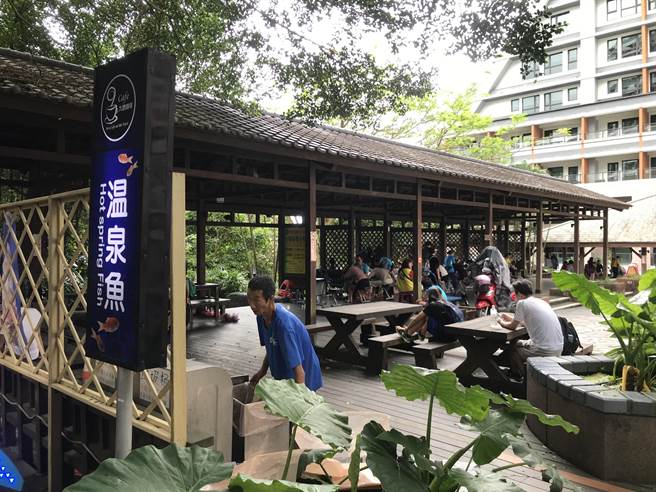 礁溪鄉湯圍溝溫泉公園的「九號咖啡」環境舒適,還提供「魚咬腳」體驗。(胡健森攝) image