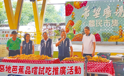高雄市內門區農會總幹事高菊蓮(左二)、理事長洪輝煌(右二)及農友等人今年8月到台北希望廣場農民市集舉辦惡地芭蕉試吃推廣活動,受到熱烈回響,半小時即銷售一空。(高雄市內門區農會提供/林雅惠高雄傳真) image